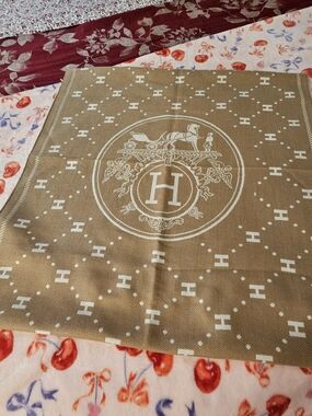 Hermes Tan and White Logo Silk Scarf